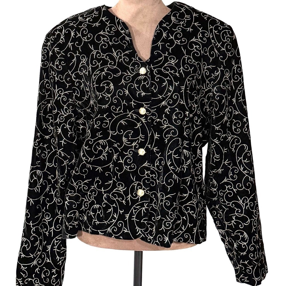 Vintage Norton McNaughton Blazer Jacket Womens 14 Velvet Black Gold Filigree